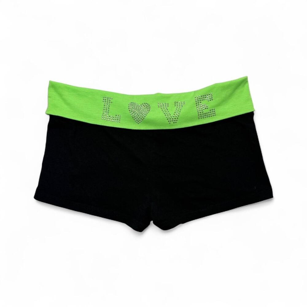 Y2K 2000s Fold Over Low Rise Micro Sweet Dreams Black & Neon Green Shorts Large